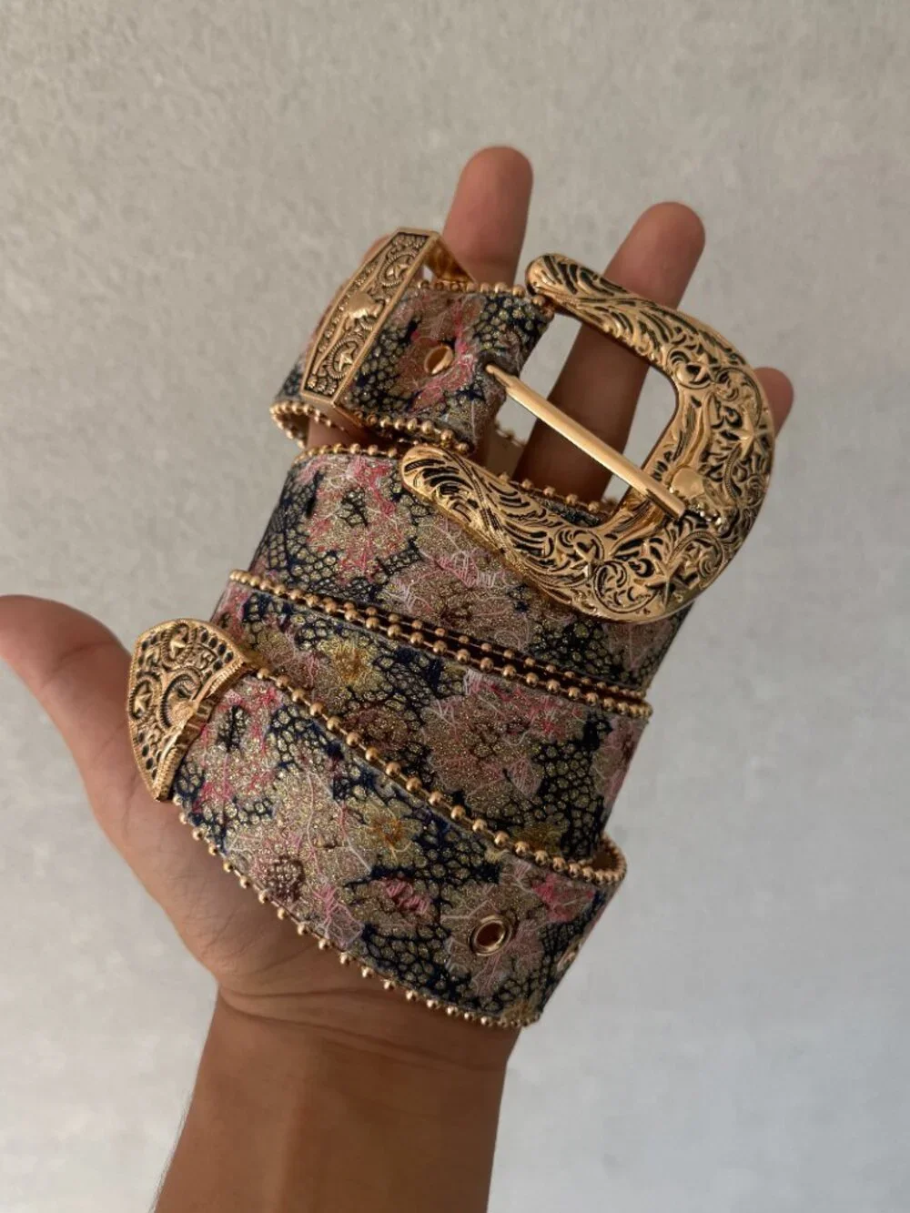 Pink Floral Jacquard Gold Western Buckle Belt